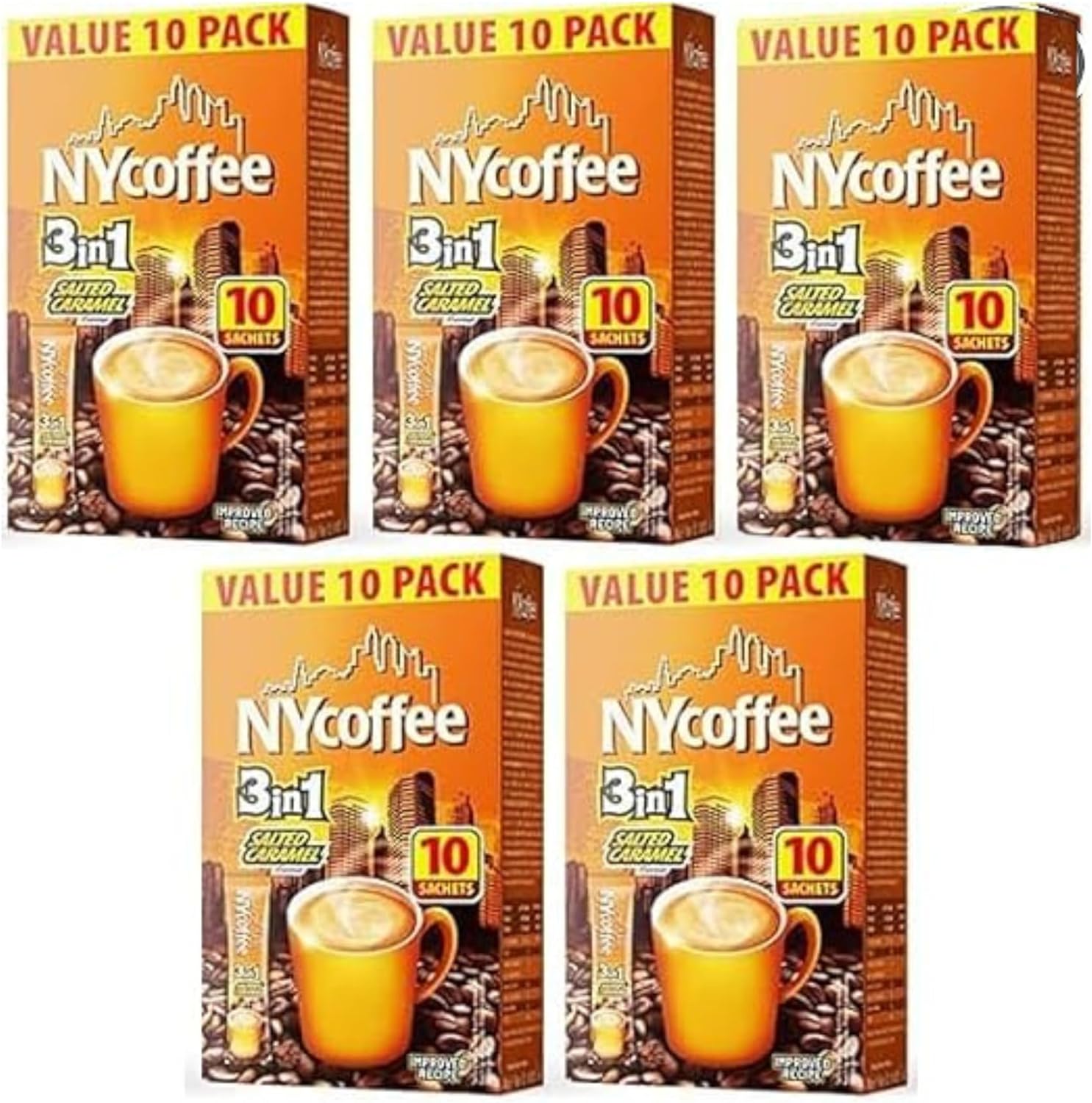 50 x NY Coffee 3 in 1 Sachets Salted Caramel Flavour Individual Sticks - 5 Boxes x 10 Instant Sachets