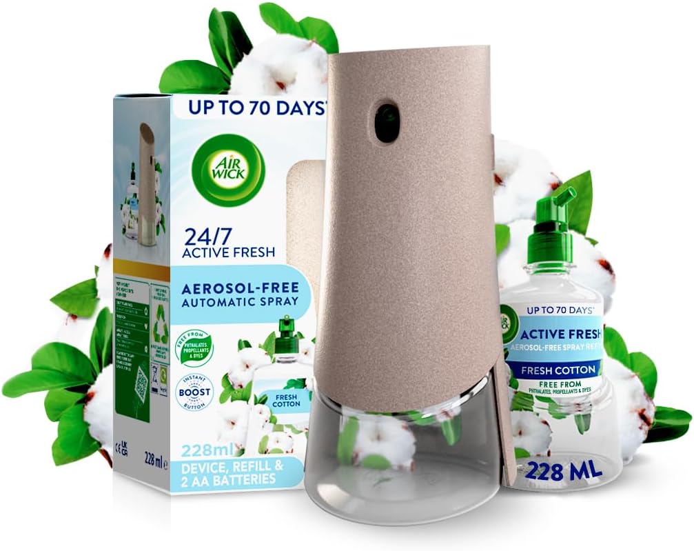 Airwick Aerosol-Free Automatic Air Freshener Spray Kit, Fresh Cotton + 2 Refills