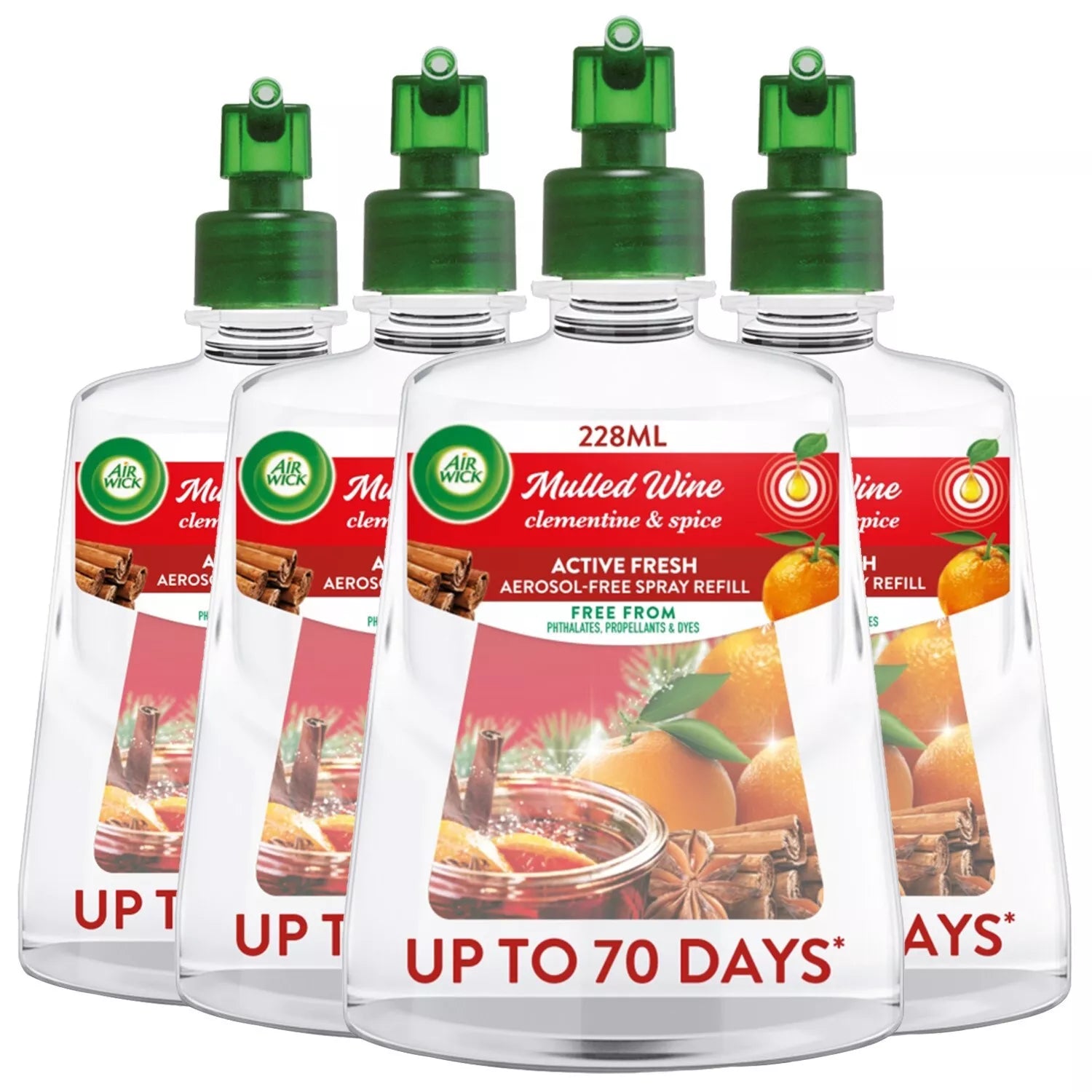 4 x 228ml Air Wick Mulled Wine Clementine & Spice 24/7 Active Fresh Refill