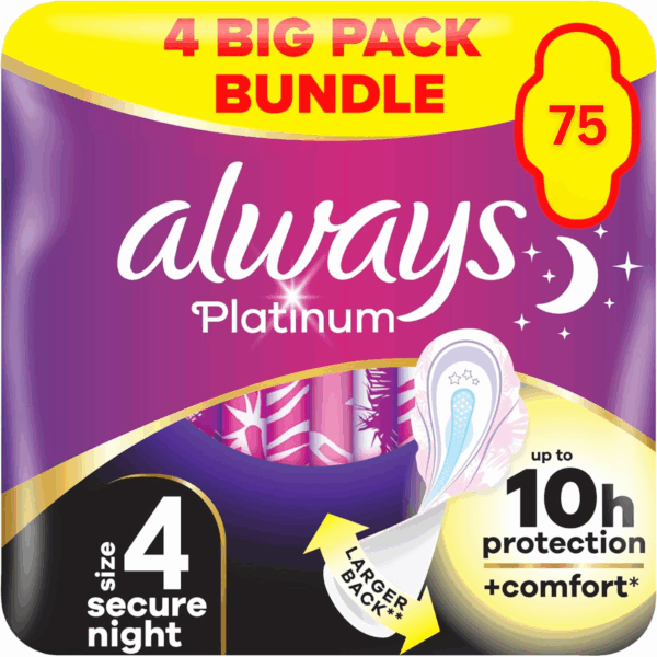 Always Platinum Secure Night Size 4 Sanitary Towels Wings - 75 Pads