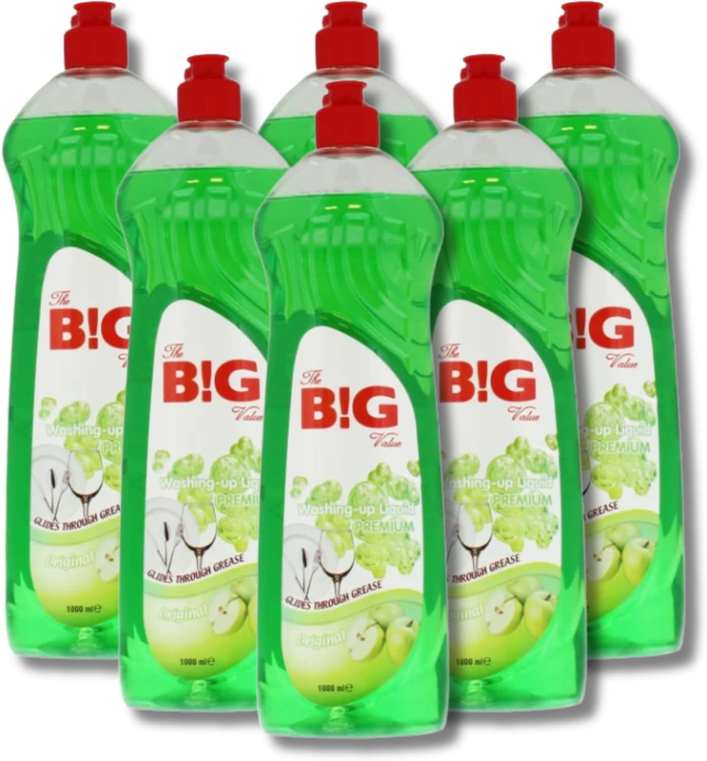 6 x 1L The Big Value Premium Washing-Up Liquid Apple - Glides Through Grime and Grease, Perfect for at Home, Work or Commercial Kitchens - 6 Litres Total