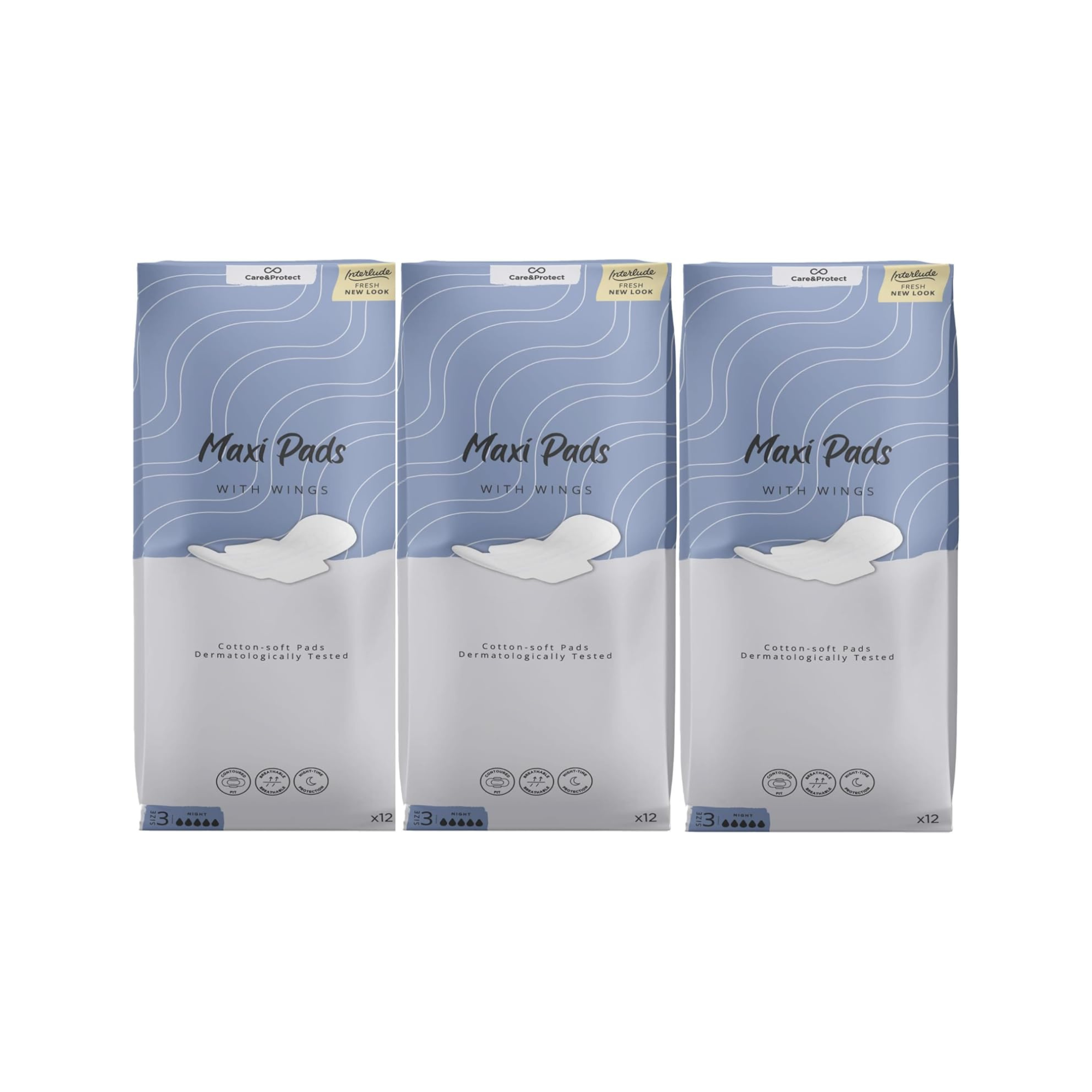Interlude Maxi Night Pads for Heavy Bladder Weakness, 36 Incontinence Pads (3 x 12 Packs) for Women, Specifically Designed for Night Time Protection