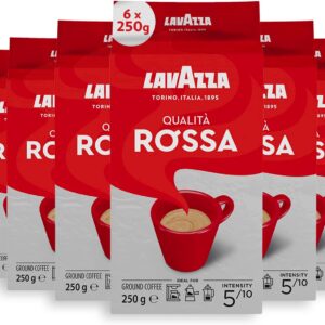 Lavazza, Qualità Rossa, Ground Coffee, 6 x 250 g, Ideal for Moka Pots, with Aromatic Notes of Chocolate and Dried Fruits, Arabica and Robusta, Intensity 5/10, Medium Roasting