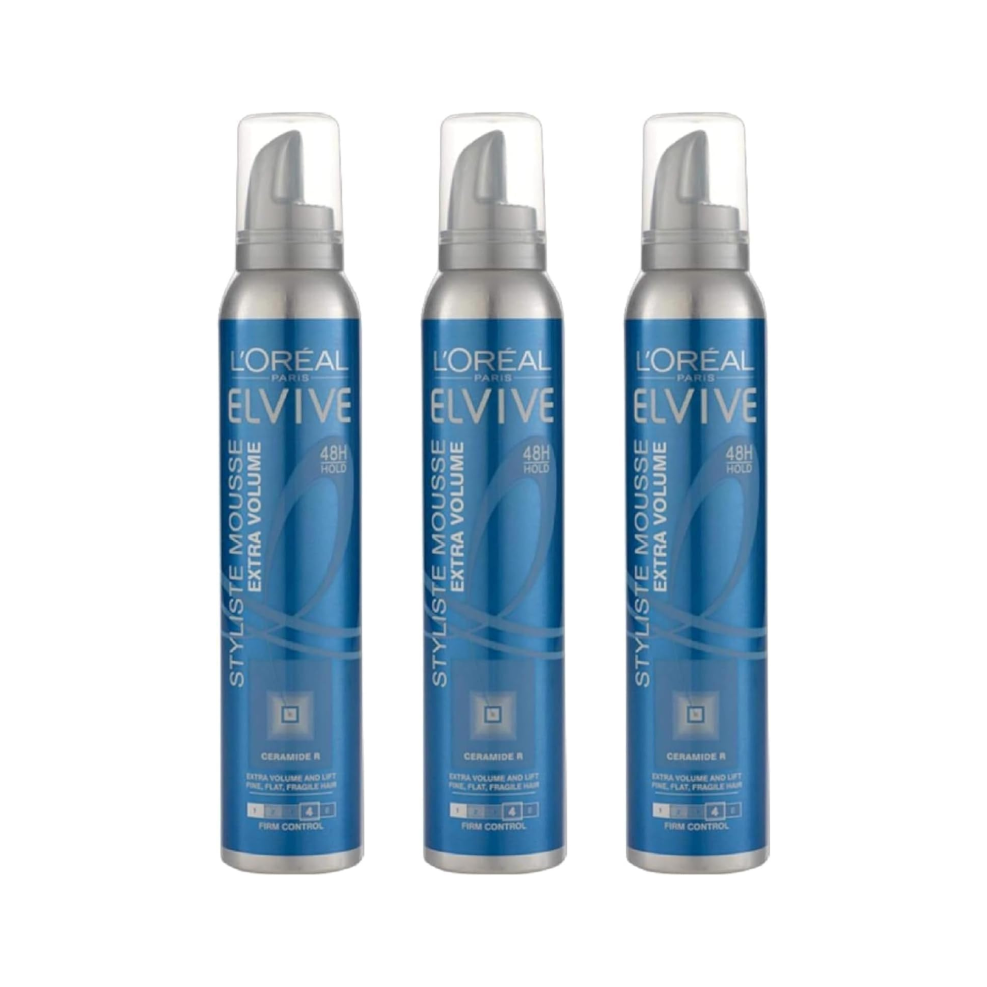 3 x Elvive Styliste Extra Volume Mousse 150ml - 48H Hold - Firm Control 4 With Ceramide R