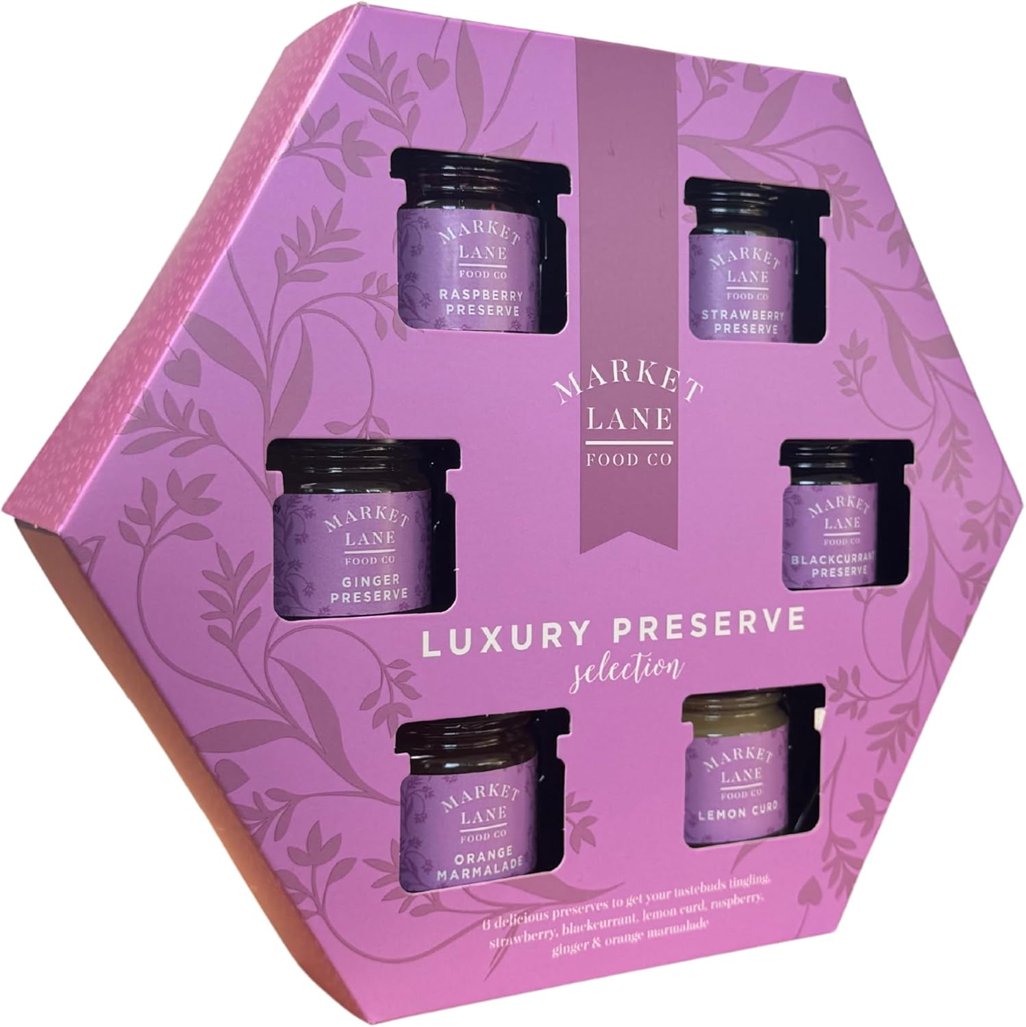 Luxury Preserves Selection Gift Set by Hampton - 6 x Jams and Preserves - Apricot, Strawberry, Ginger, Blueberry, Orange, Lemon Curd in Glass jars 42g each - Market Place by Hampton