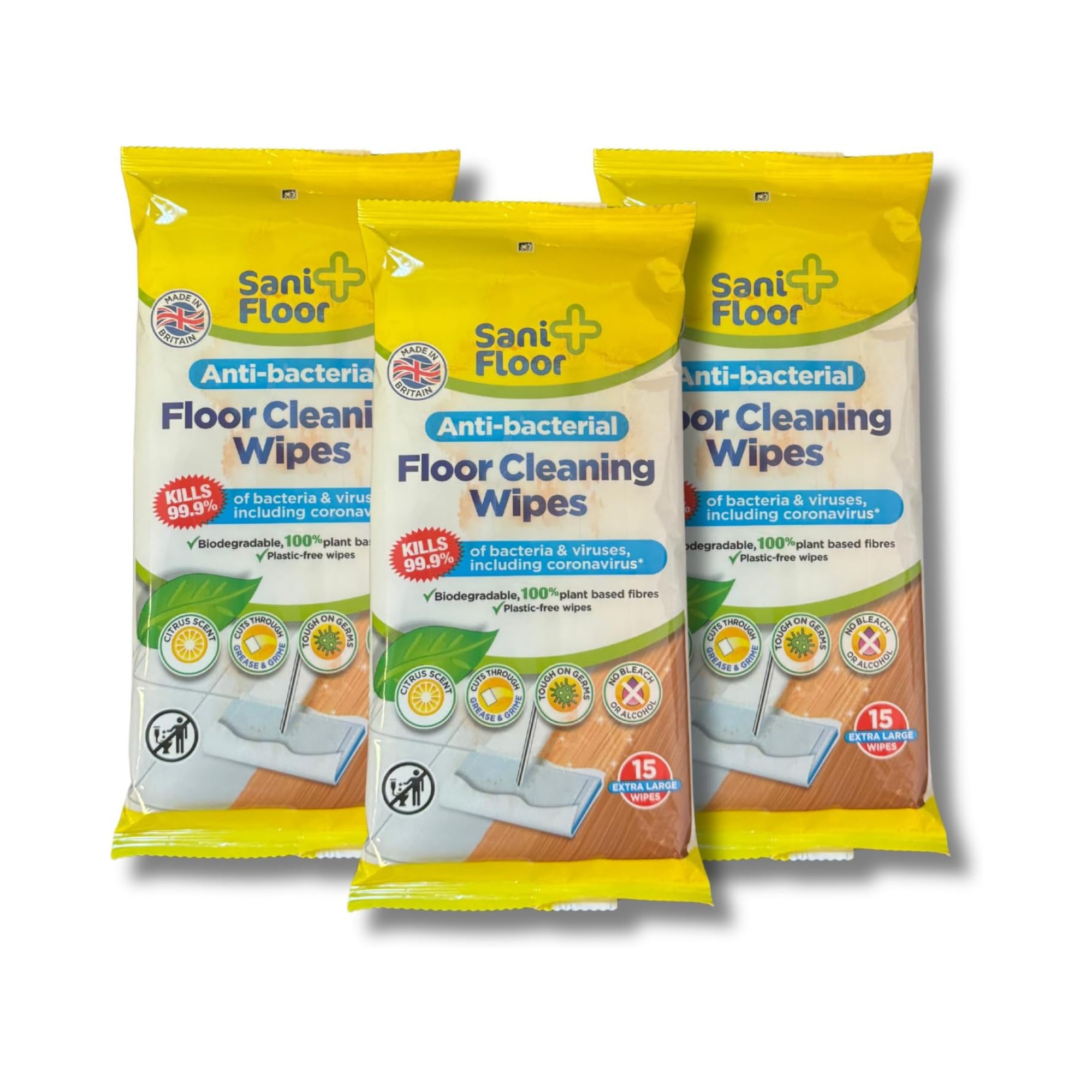 3 x Sani Floor Anti Bacterial Floor Wipes - Big Thick Wipes - Citrus Scent- 3 x 15 (45 In Total) - Biodegradable and Made in the UK - Bulk Buy