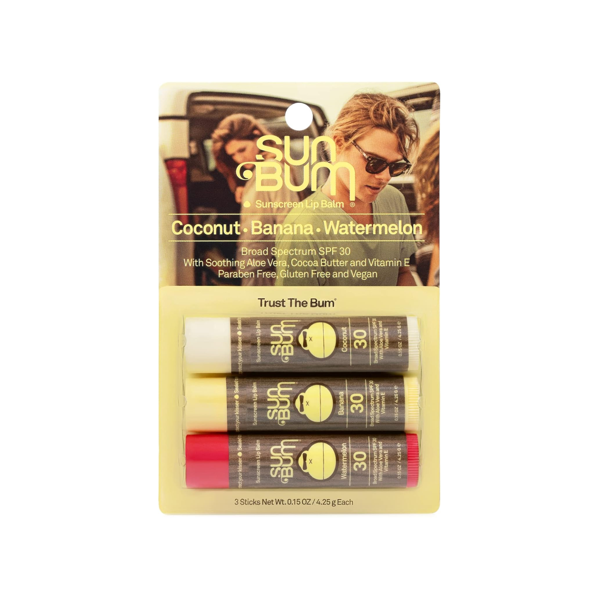 Sun Bum SPF 30 Triple Pack Sunscreen Lip Balm Set, Watermelon, Coconut and Banana flavour, Vegan and Cruelty Free, Broad Spectrum UVA/UVB Lip Care