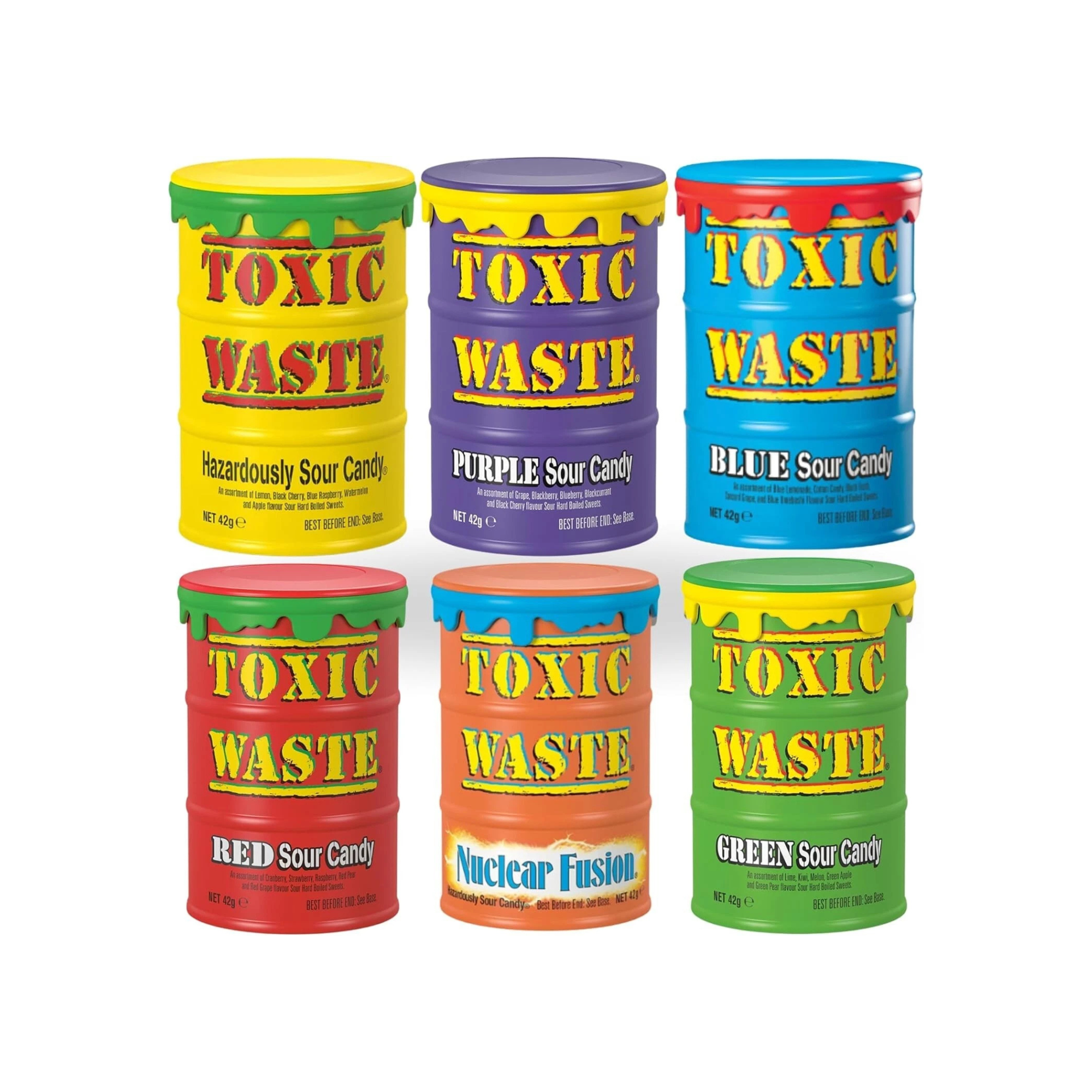 Toxic Sour Candy Sweets Drum Selection - All 6 Drums Including New Blue Drum. New Flavours, Lemonade, Cotton Candy, Concord Grape - Multipack of 6 x 42g