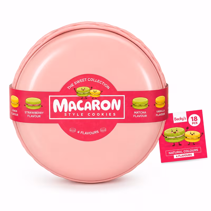 Pink Macaron Style Cookies Tub - 4 Flavours (Lemon, Strawberry, Matcha, Vanilla)