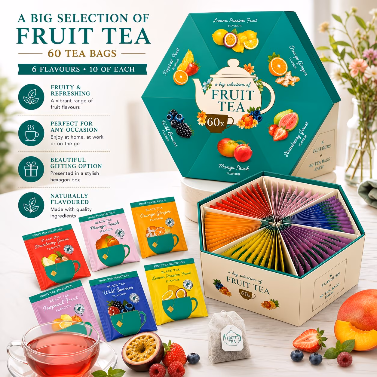 Luxury Hexagon Black Fruity Tea Set - 6 Flavours - Image 3