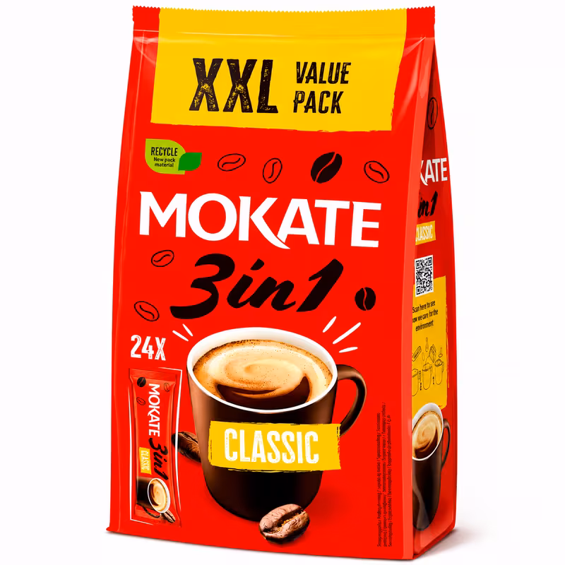 MOKATE 3-in-1 Classic Instant Coffee with Sugar Sachets XXL Pack - (24 Sachets)
