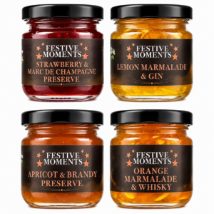 Luxury Mini Spirit Infused Jam - Whisky Orange Marmalade, Gin Lemon Marmalade, Brandy Apricot Preserve & Champagne Strawberry Preserve