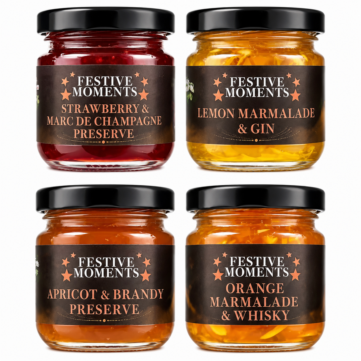Luxury Mini Spirit Infused Jam - Whisky Orange Marmalade, Gin Lemon Marmalade, Brandy Apricot Preserve & Champagne Strawberry Preserve
