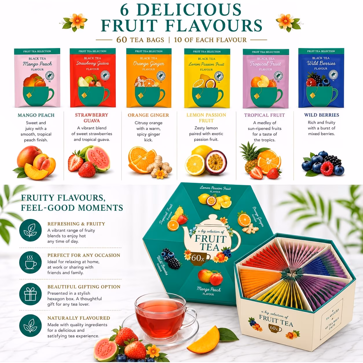 Luxury Hexagon Black Fruity Tea Set - 6 Flavours - Image 2