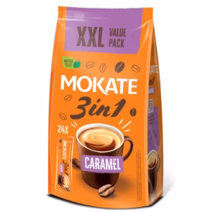 MOKATE 3-in-1 Caramel Instant Coffee with Sugar Sachets XXL Pack - (24 Sachets)