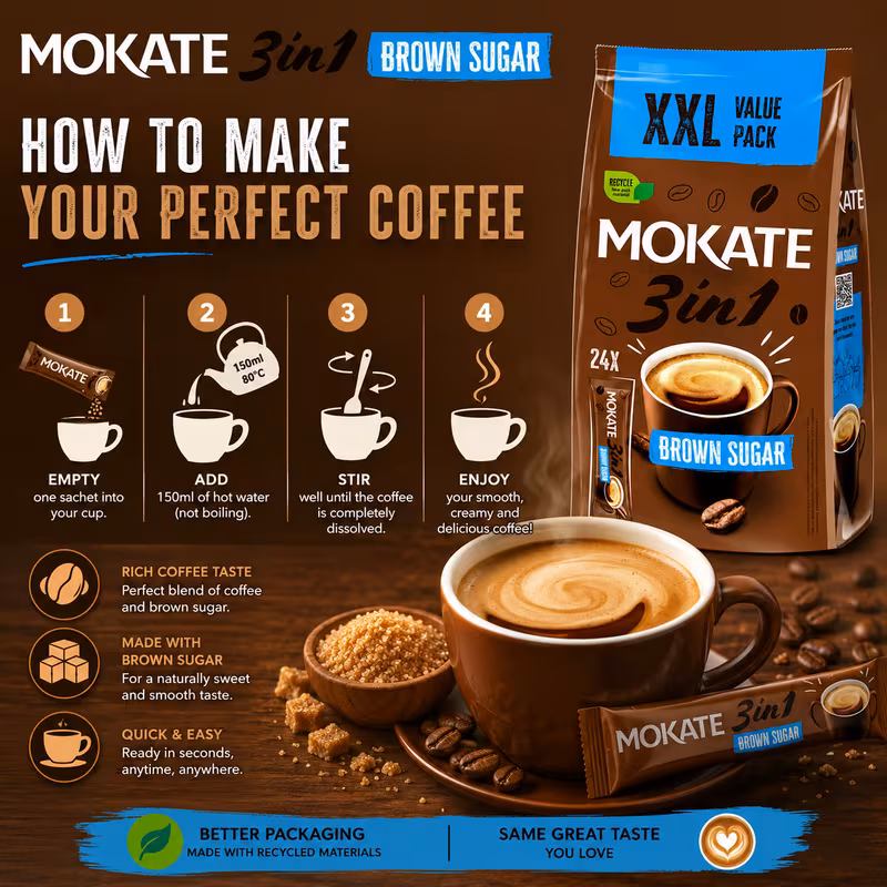 MOKATE 3-in-1 Classic Instant Coffee with Brown Sugar XXL Pack - (24 Sachets) - Image 2