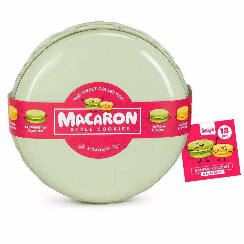 Green Macaron Style Cookies Tub - 4 Flavours (Lemon, Strawberry, Matcha, Vanilla)
